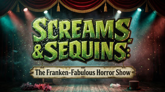 The title 'Screams and Sequins' with a tagline for a horror show