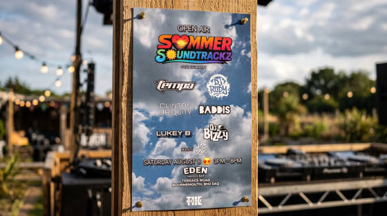 Event poster for Sommer Soundtrackz on a wooden post