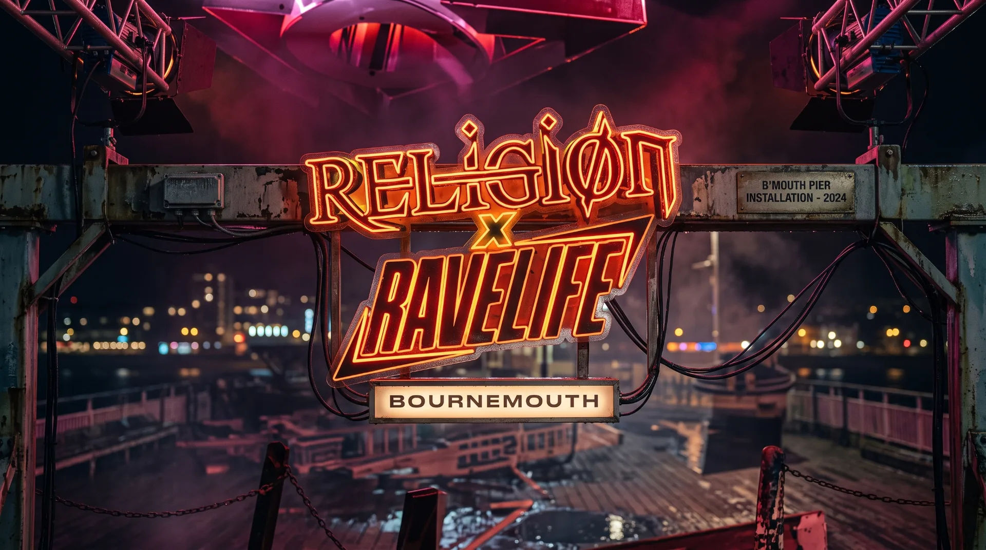 Neon sign for Religion x RaveLife event in Bournemouth, with a pier and city lights in the background