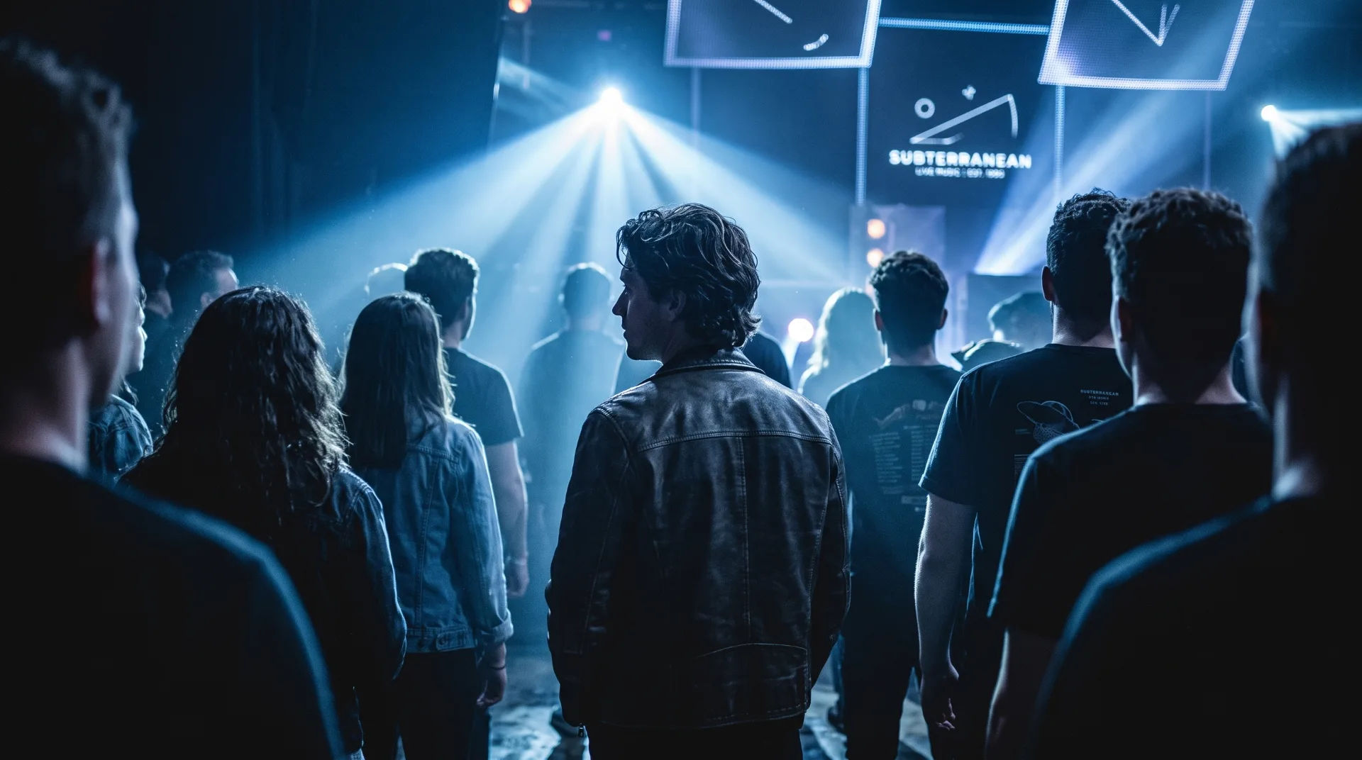 A crowd of people facing a stage with beams of light and a digital screen displaying 'SUBTERANEAN'