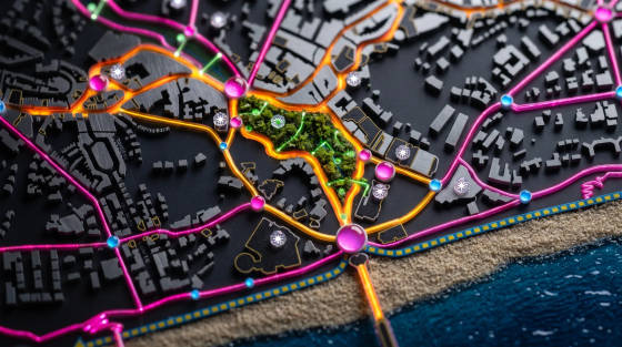 Close-up of a detailed map of Bournemouth with colourful routes