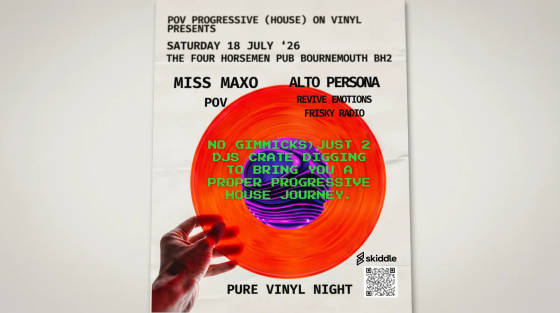 Flyer featuring an orange vinyl record and event details