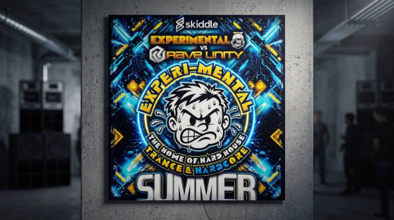 Event poster featuring bold graphics and text for Experimental vs Rave Unity