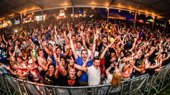 Large crowd of festival-goers with hands raised in excitement