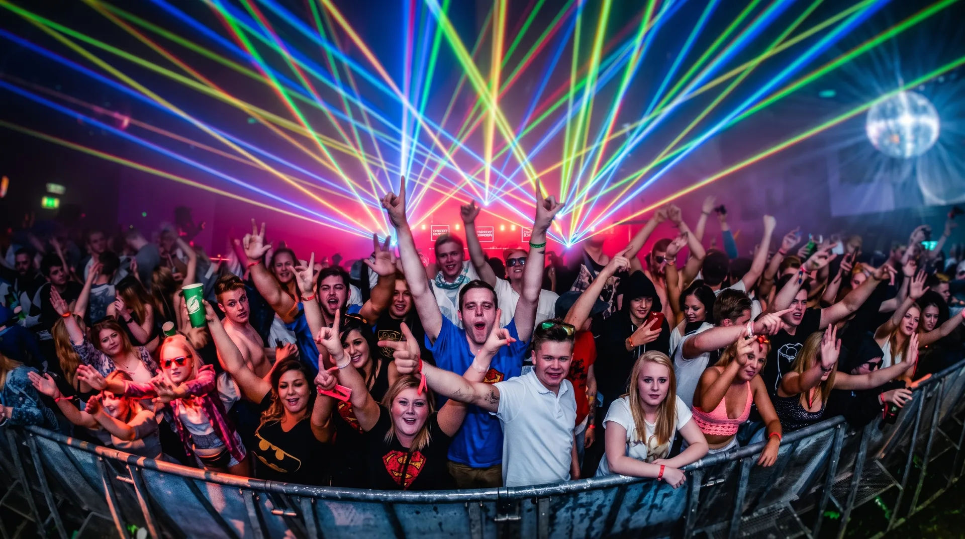 A lively crowd at a cabaret event with colourful laser lights and a disco ball in the background