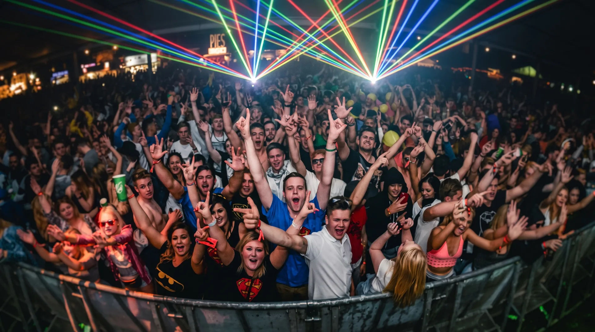 A lively crowd at a daytime clubbing event with colourful laser lights and enthusiastic partygoers.