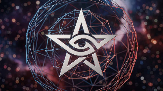 Geometric star with an eye symbol surrounded by a network structure