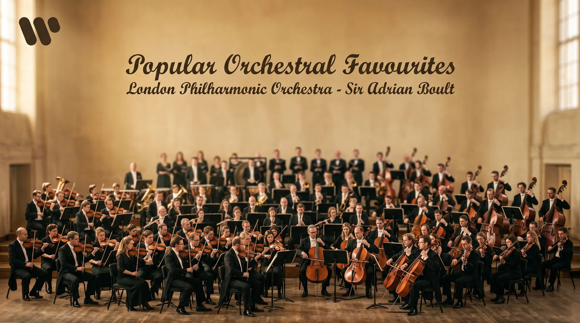 A large orchestra with musicians playing string instruments in formal attire, set against a simple backdrop.