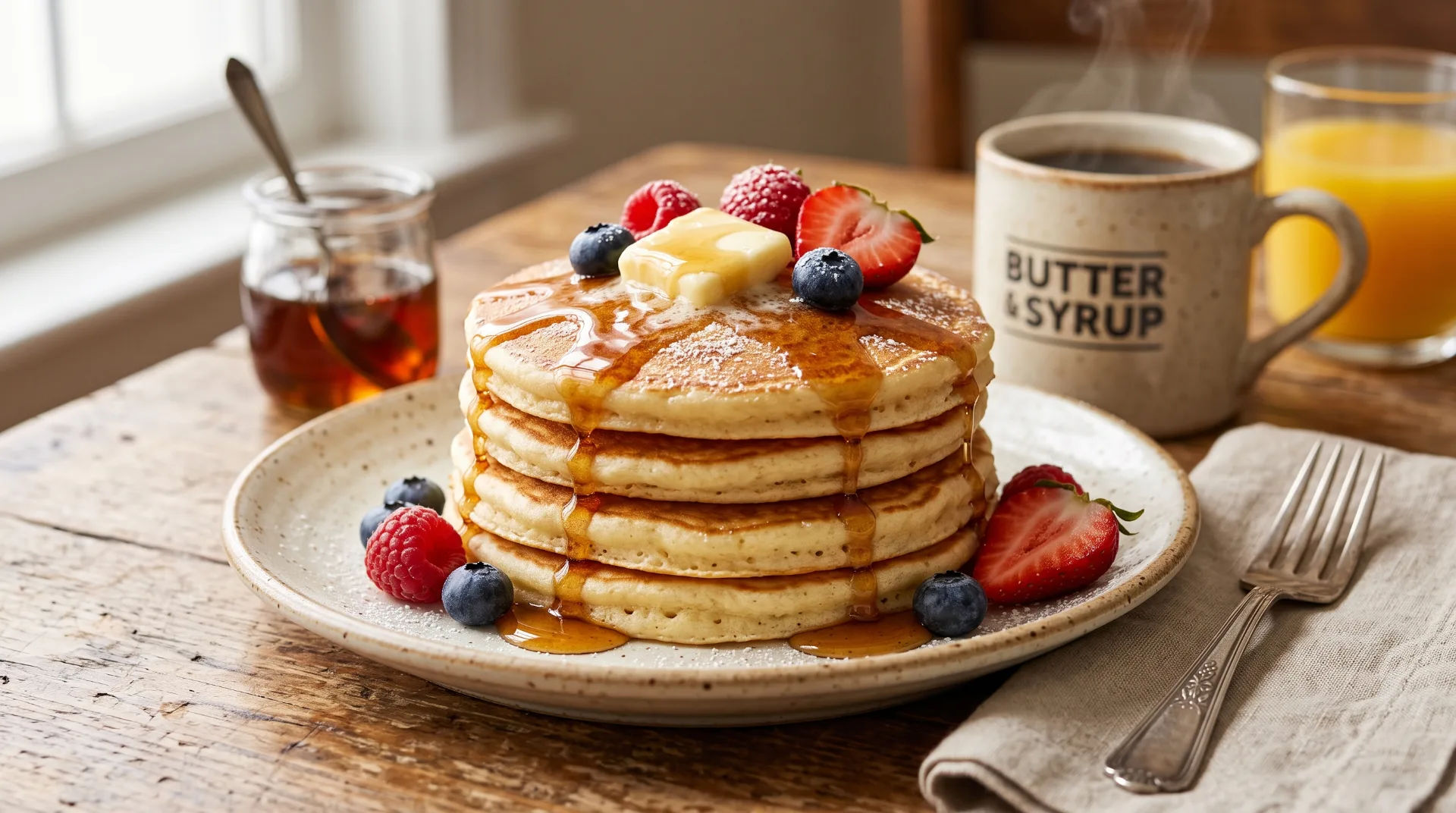 Stack of fluffy pancakes topped with syrup, butter, and fresh berries on a wooden table