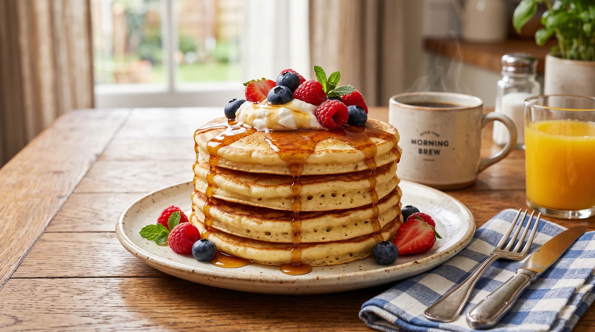 Stack of pancakes topped with berries, whipped cream, and syrup on a plate with a cup of coffee and orange juice nearby