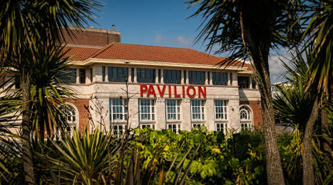 Bournemouth Pavilion with palm trees in the foreground