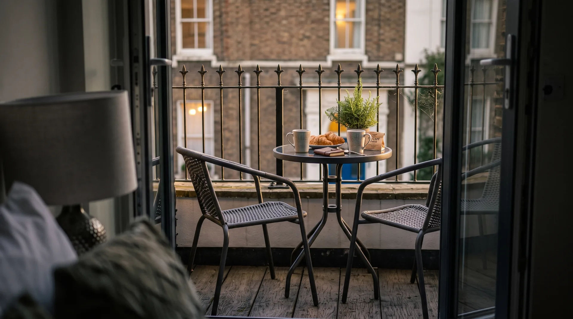 A balcony with a small round table set for two, featuring mugs, croissants, and a plant, framed by an open door.