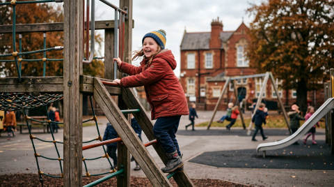 Child in a red coat climbing a wooden structure at a playground