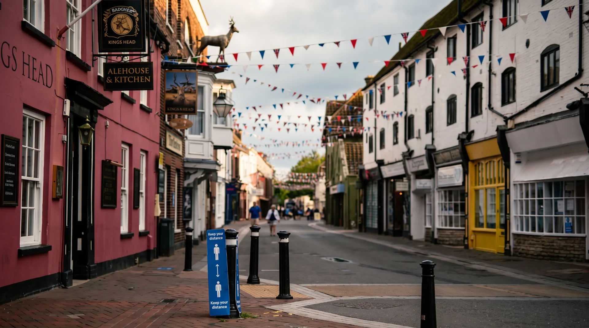 Quiet street in Poole with colourful bunting and a distance marker sign