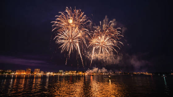 Bright fireworks explode over the water with city lights in the background