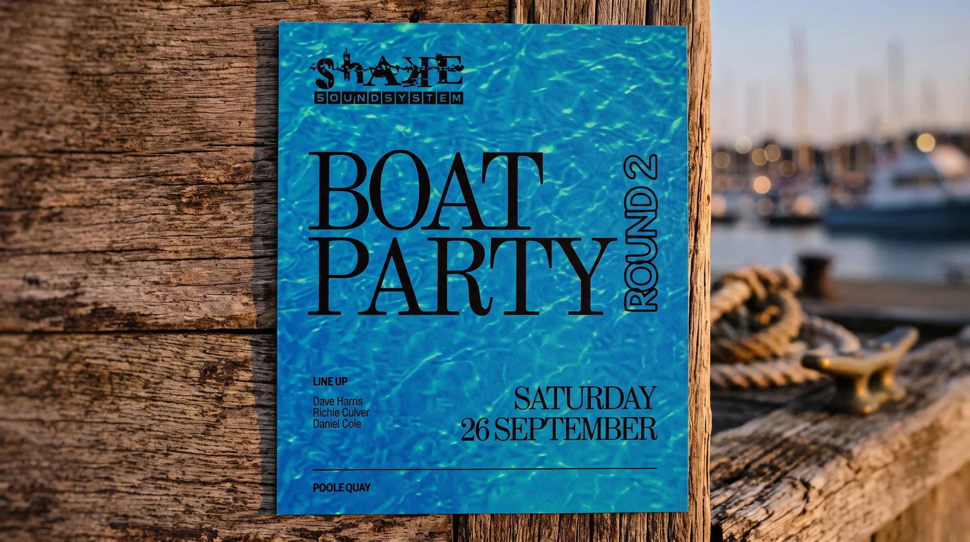 Promotional poster for Shake Boat Party Poole with blue water background and wooden dock