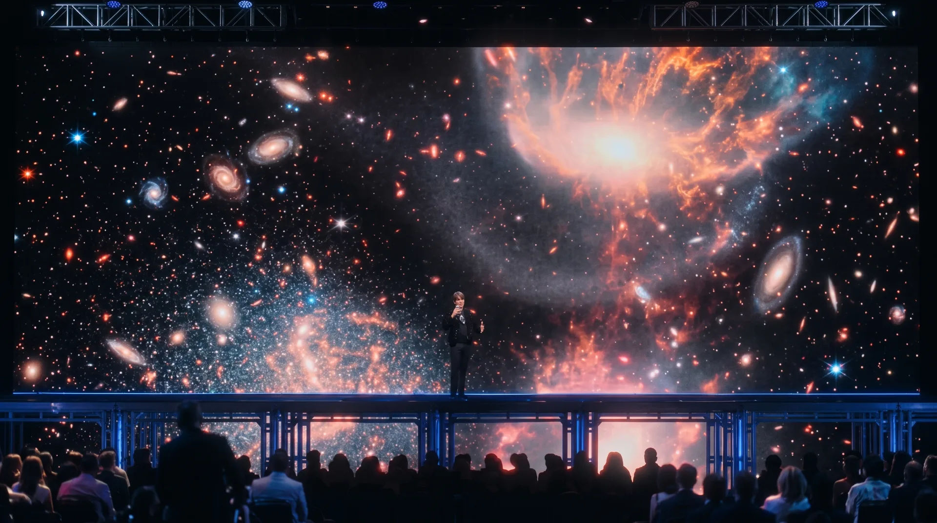 A speaker stands on stage in front of a vibrant cosmic backdrop filled with galaxies and stars, addressing the audience.