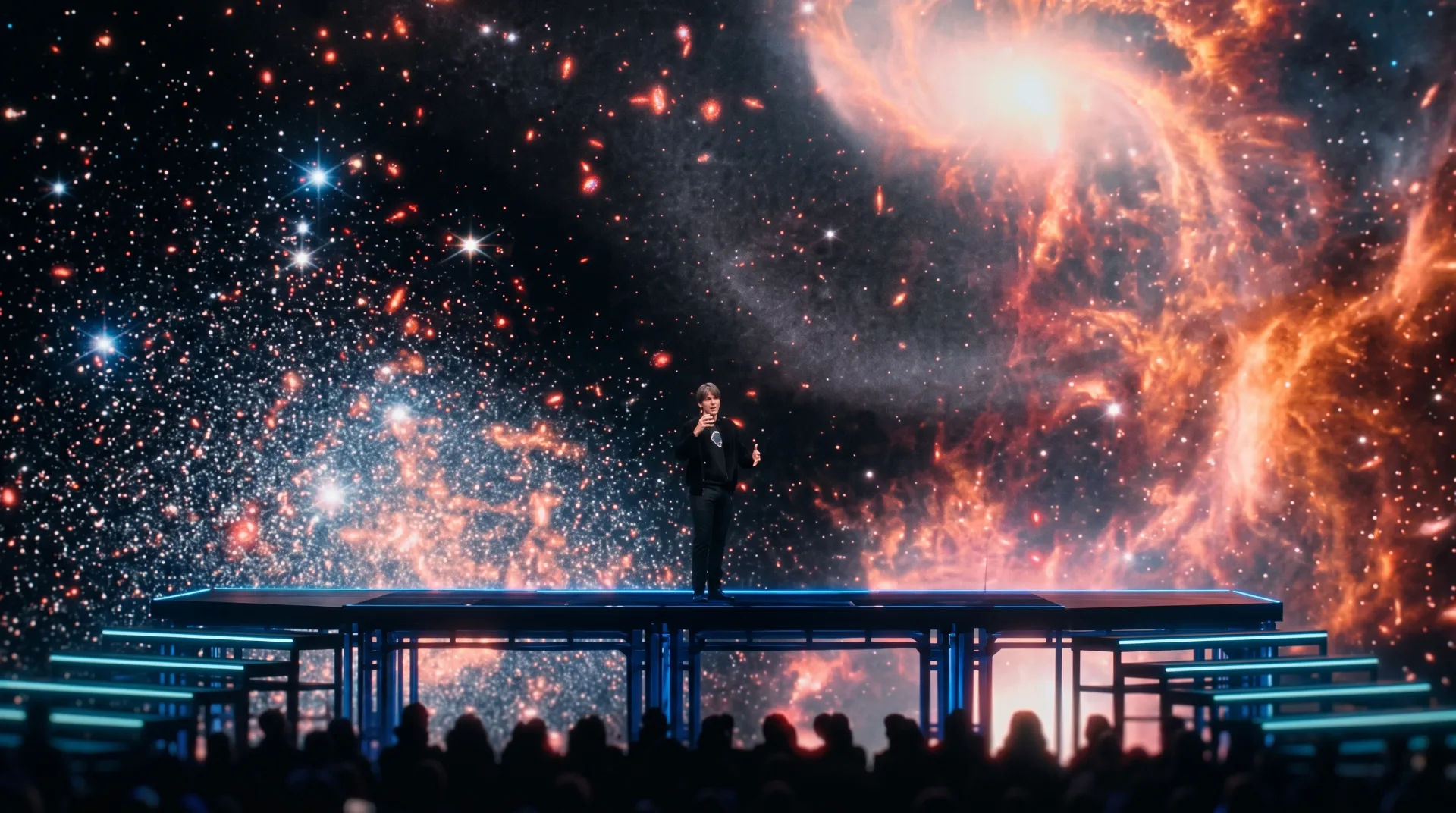 A speaker stands on a stage with a cosmic backdrop of stars and galaxies during a presentation.