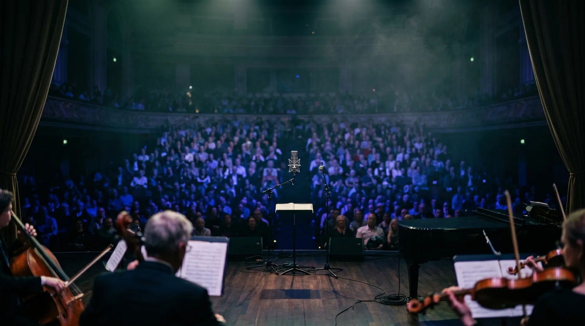 A concert stage with a microphone and music stand, facing a large audience in a dimly lit venue.