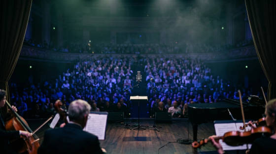 View from the stage towards a crowded theatre audience