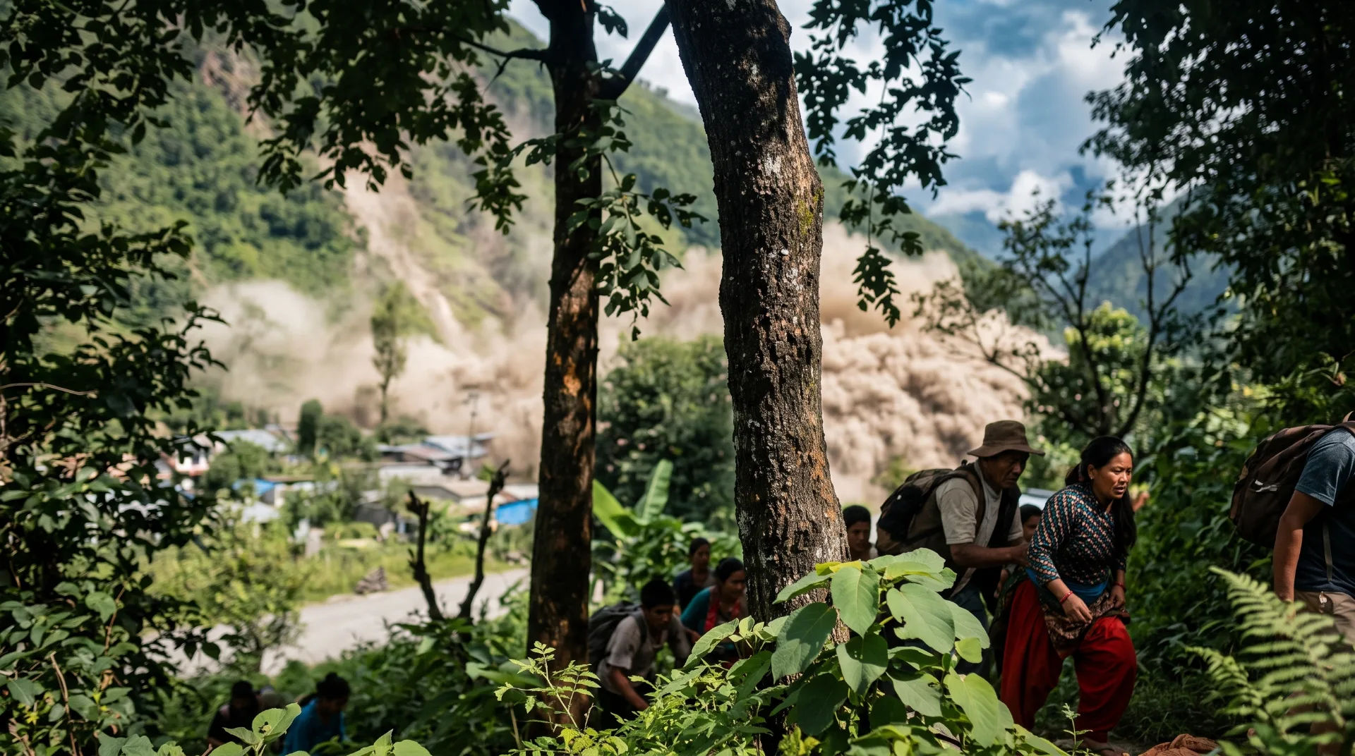 People navigate a wooded area as debris flows down a mountain in the background, indicating a recent disaster.