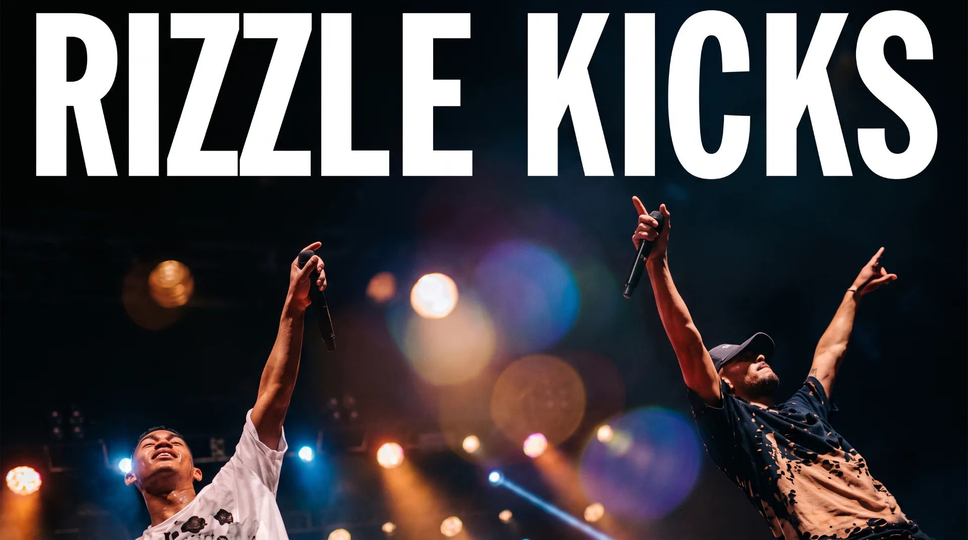 Two performers from Rizzle Kicks on stage with microphones, vibrant lights in the background