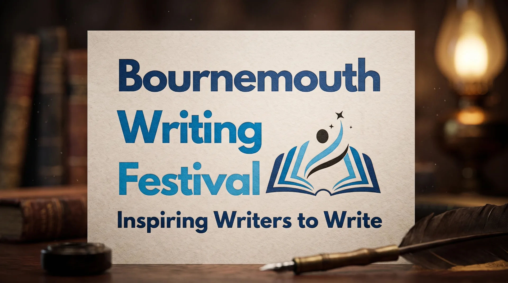 A promotional sign for the Bournemouth Writing Festival with a stylised book and pen design