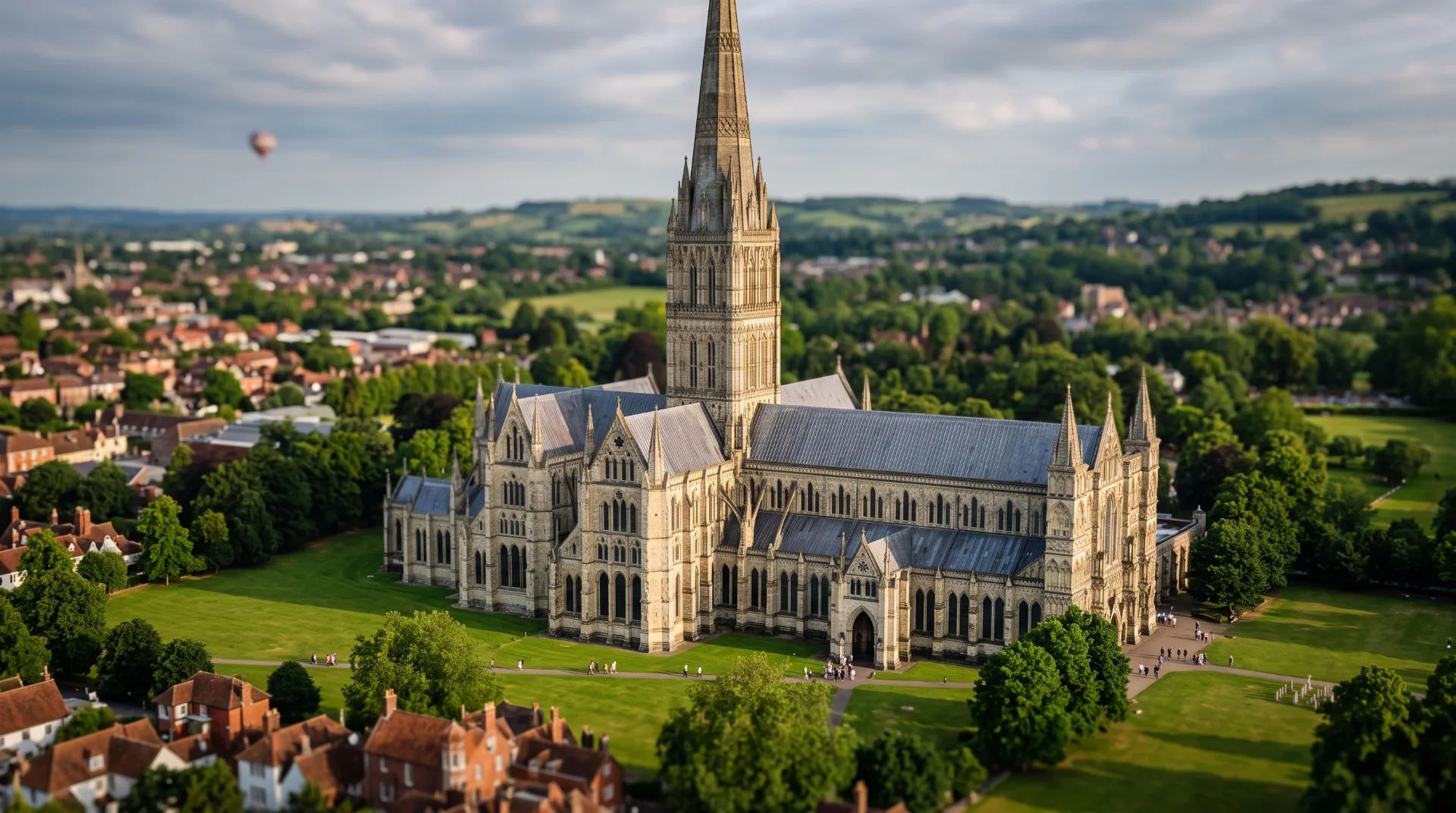 Salisbury Cathedral with its tall spire surrounded by green lawns and trees, viewed from above