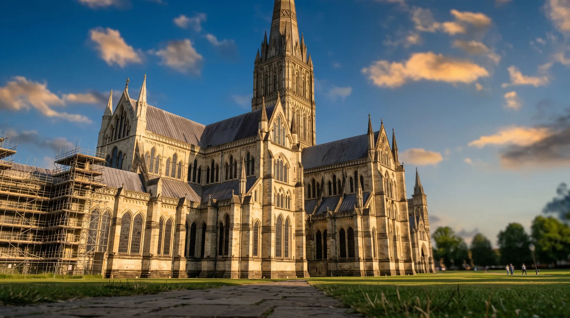 Salisbury Cathedral with scaffolding and a clear blue sky