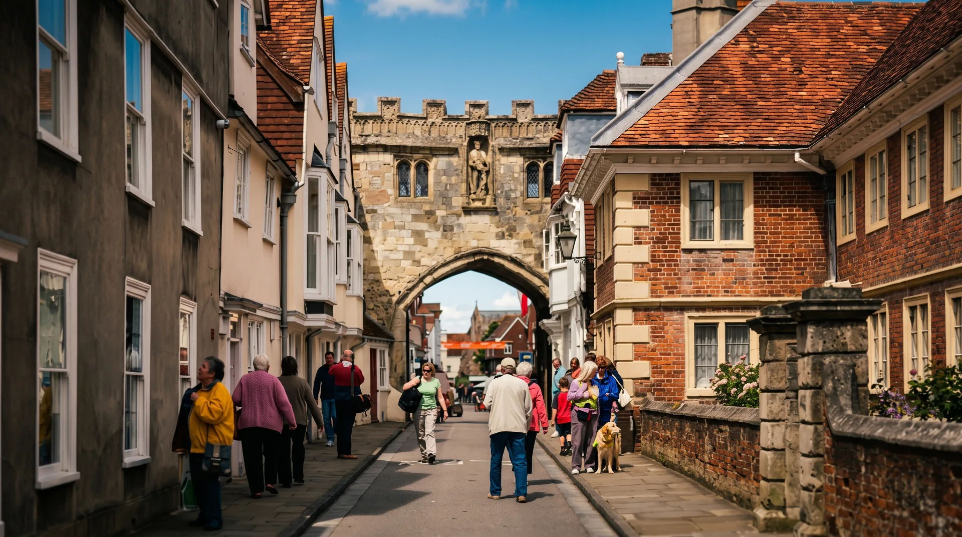 A bustling street scene in Salisbury with historic buildings and people walking, including a dog.