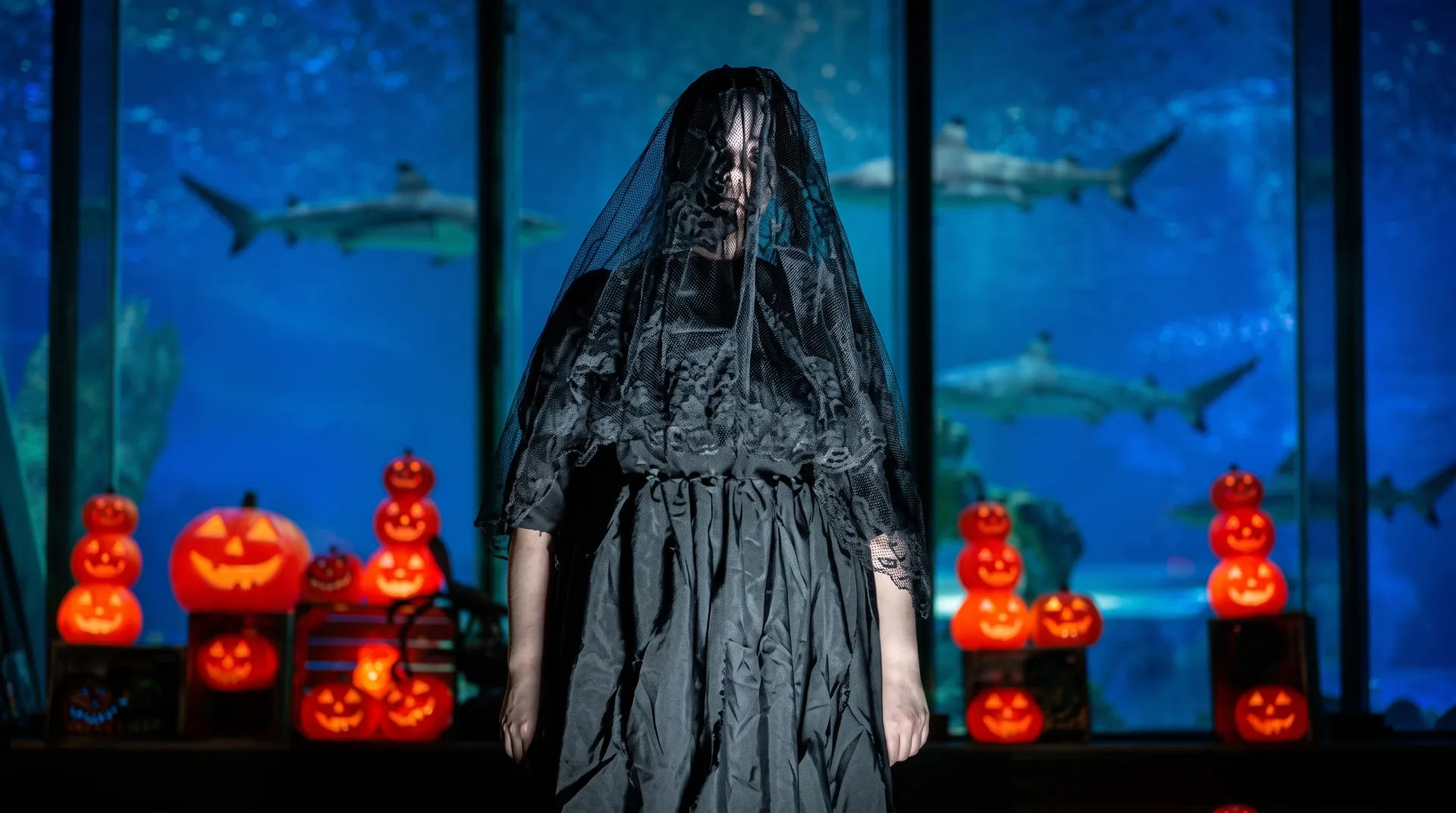 A person in a black dress and veil stands in front of glowing Halloween pumpkins and a shark tank.