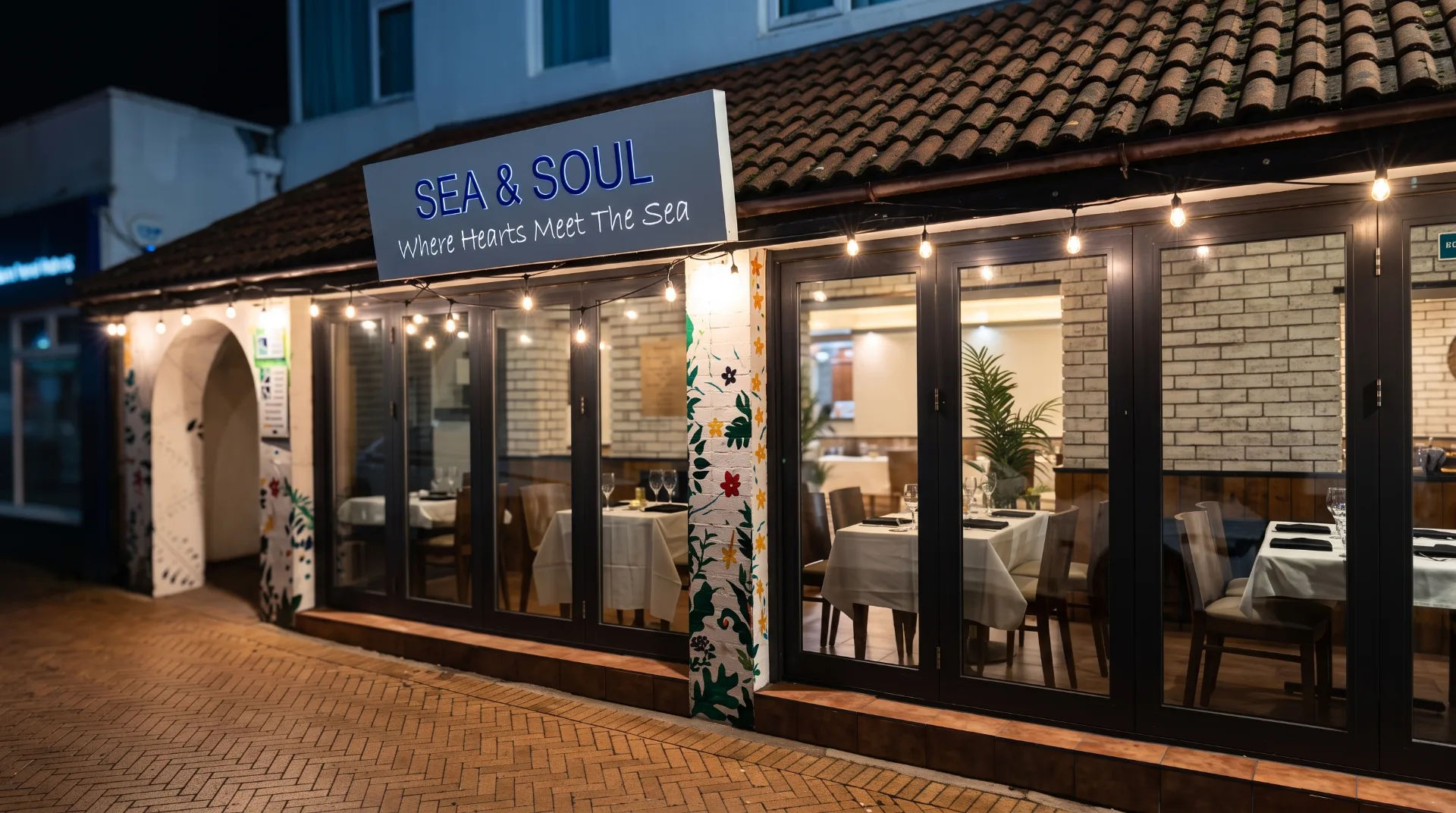Exterior of Sea & Soul restaurant at night with illuminated signage and decorated entrance