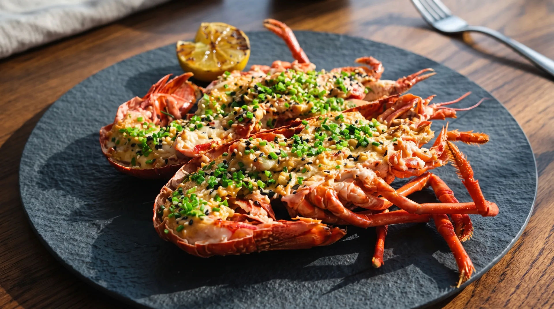 Grilled lobster topped with herbs and spices on a black plate with a lemon wedge