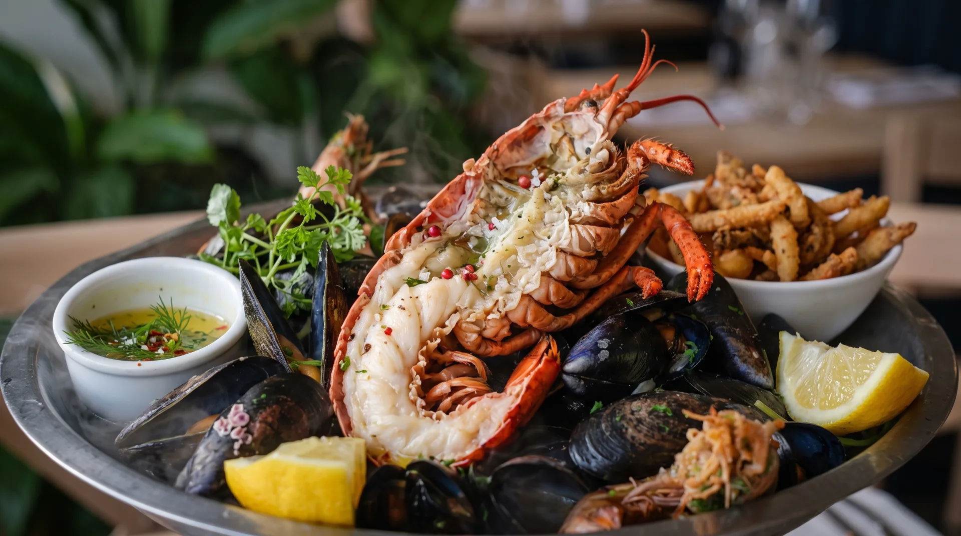 A seafood platter featuring lobster, mussels, lemon, herbs, and a bowl of fries