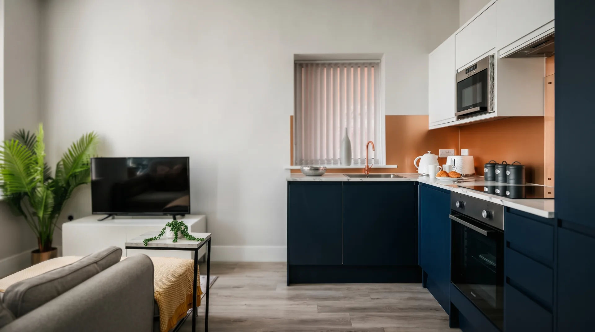 Stylish kitchen area in a modern one-bedroom apartment with a TV, plants, and contemporary decor