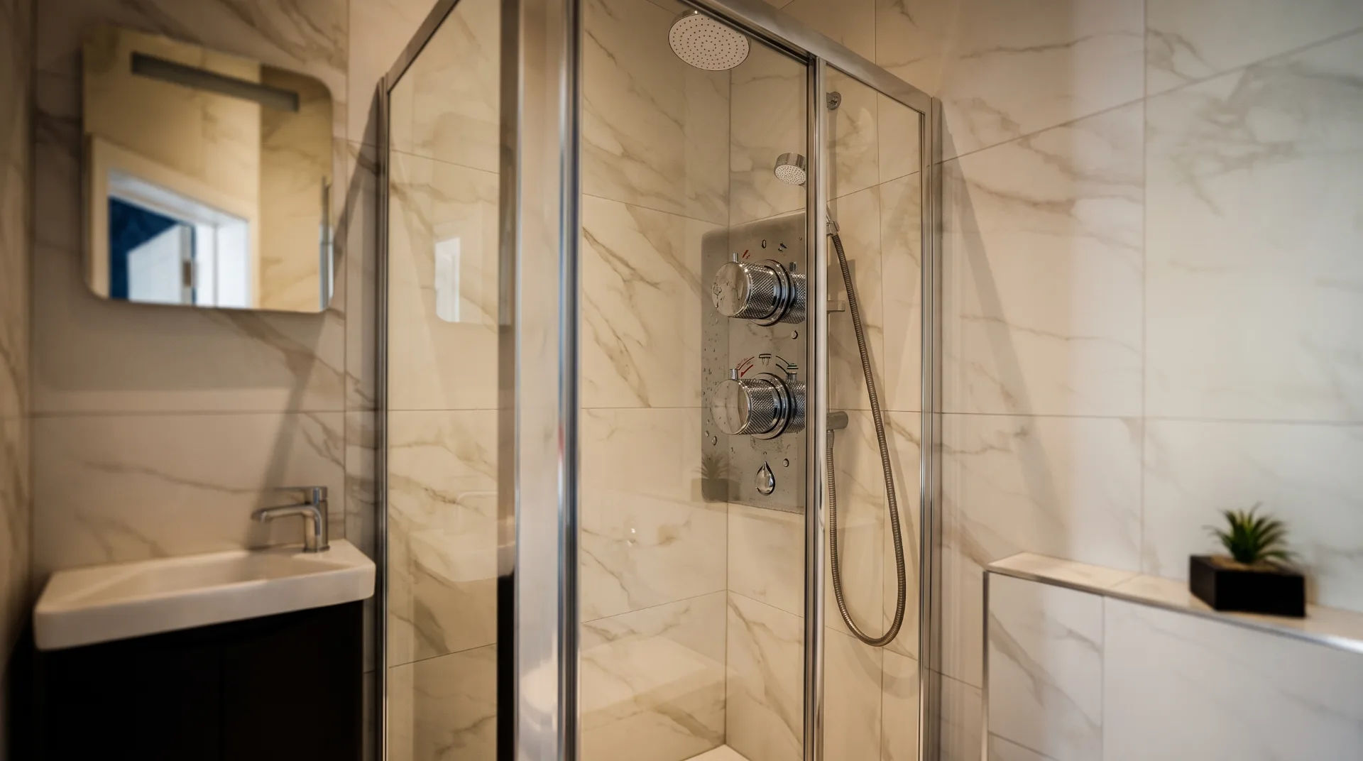 Modern shower with chrome fixtures and marble tiles in a stylish bathroom