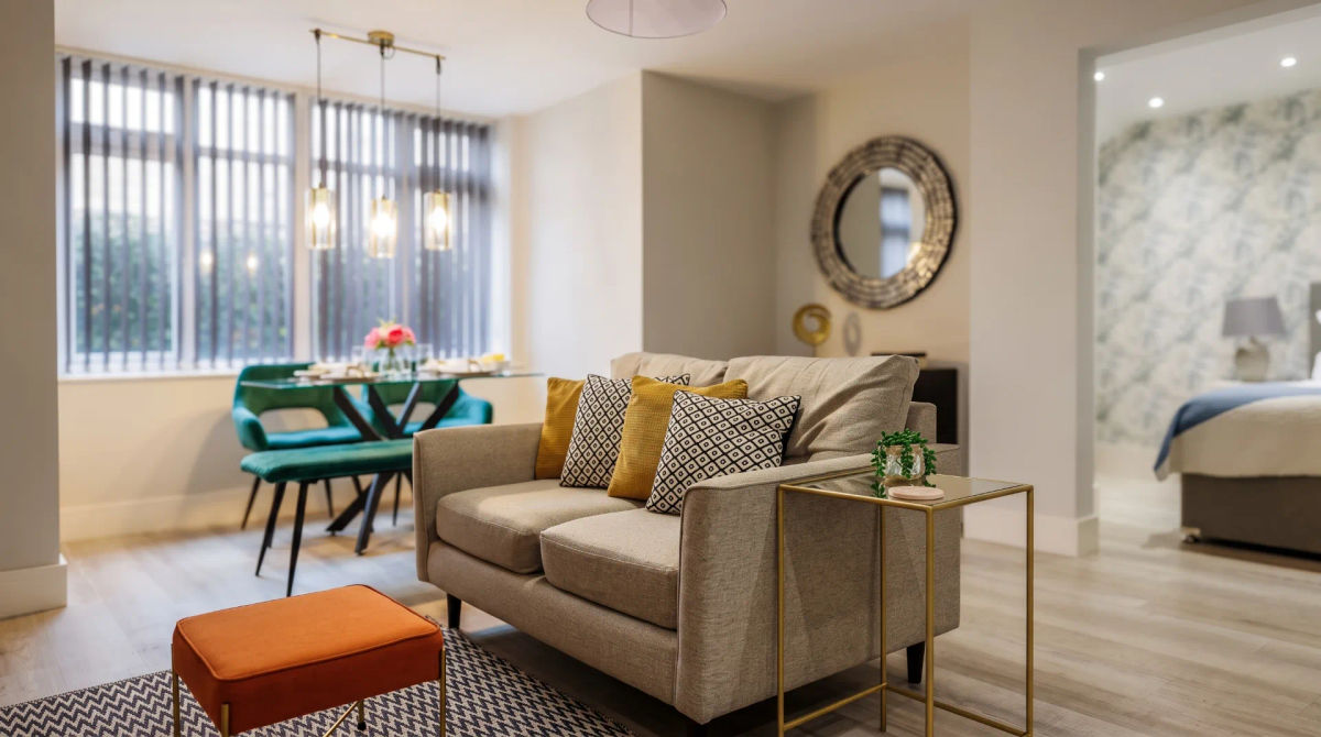 A bright living room in a Flexiestays apartment