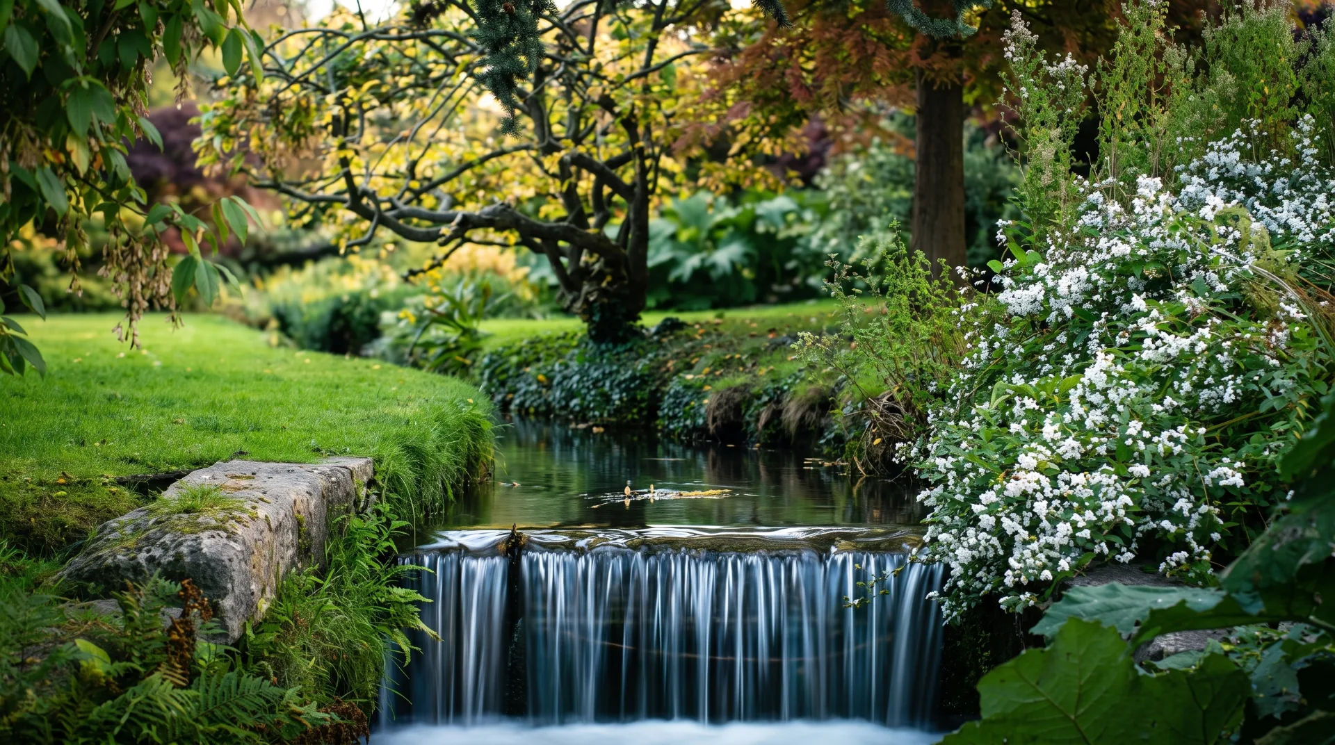 A tranquil garden scene featuring a small waterfall flowing into a stream, surrounded by lush greenery and flowers.