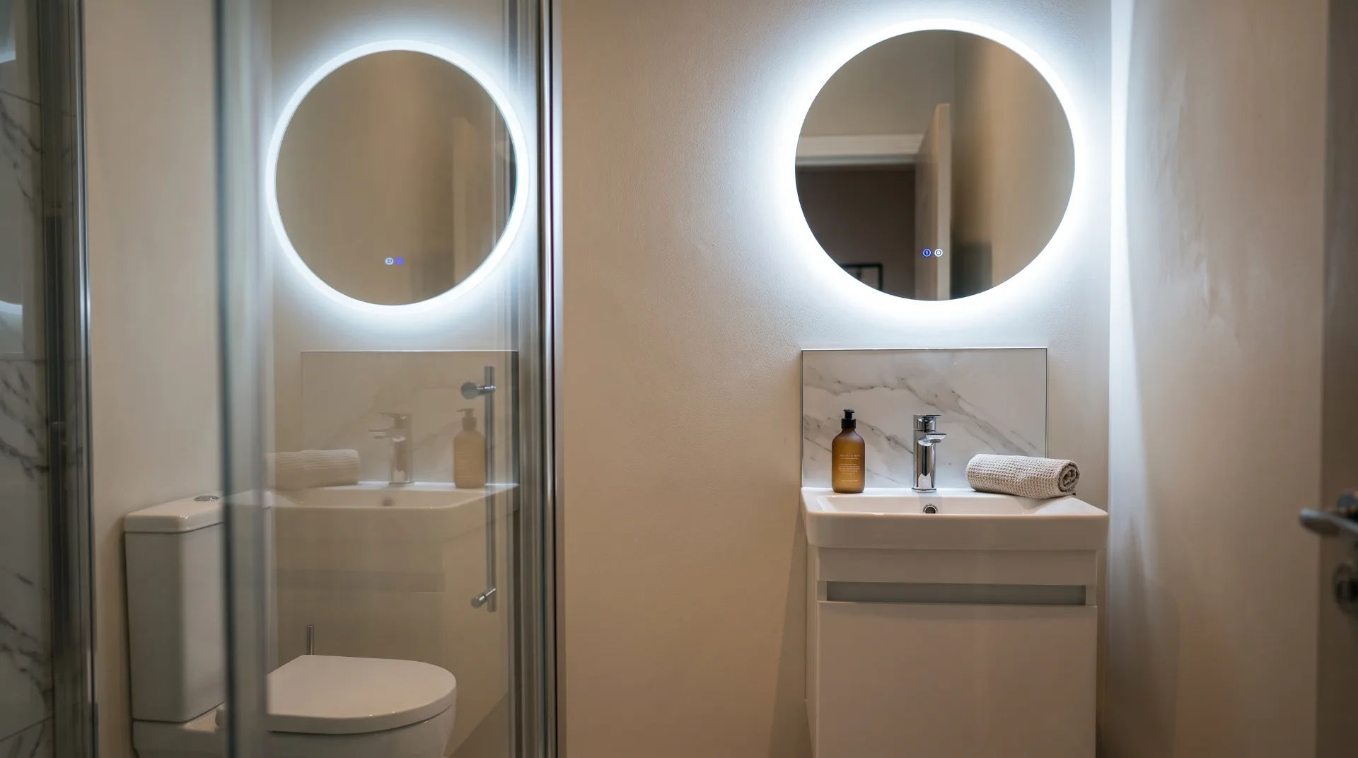 Modern bathroom with a circular illuminated mirror, sink, and shower enclosure