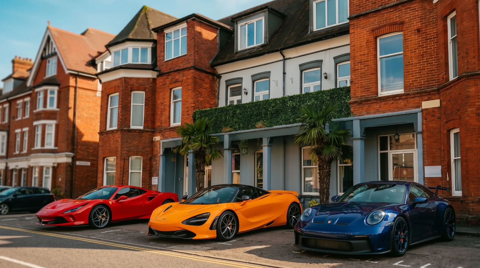 Three luxury sports cars parked in front of a refurbished apartment building with palm trees
