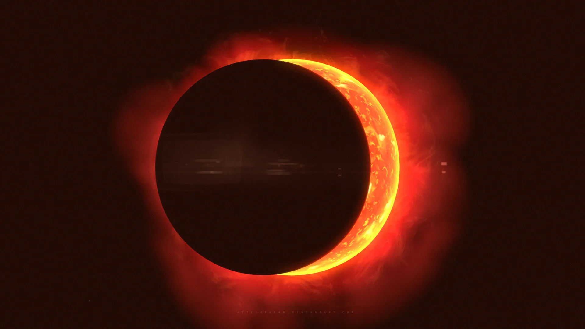 A solar eclipse with a glowing orange sun partially obscured by a dark silhouette, surrounded by a fiery halo.