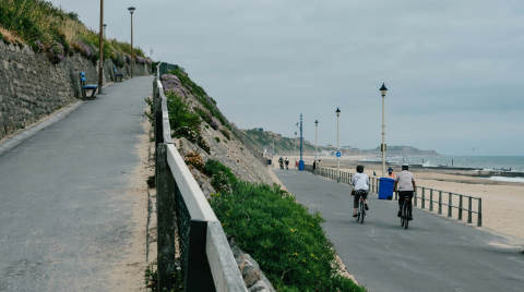 Two cyclists riding along a coastal path with benches and flowers