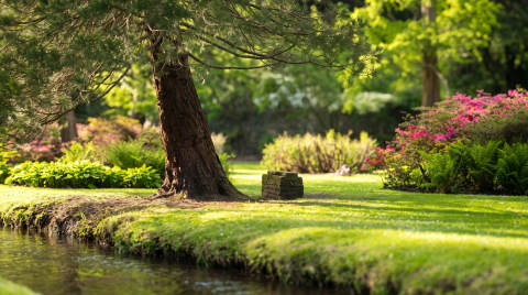 A tree beside a small stream with flowers and greenery in a garden