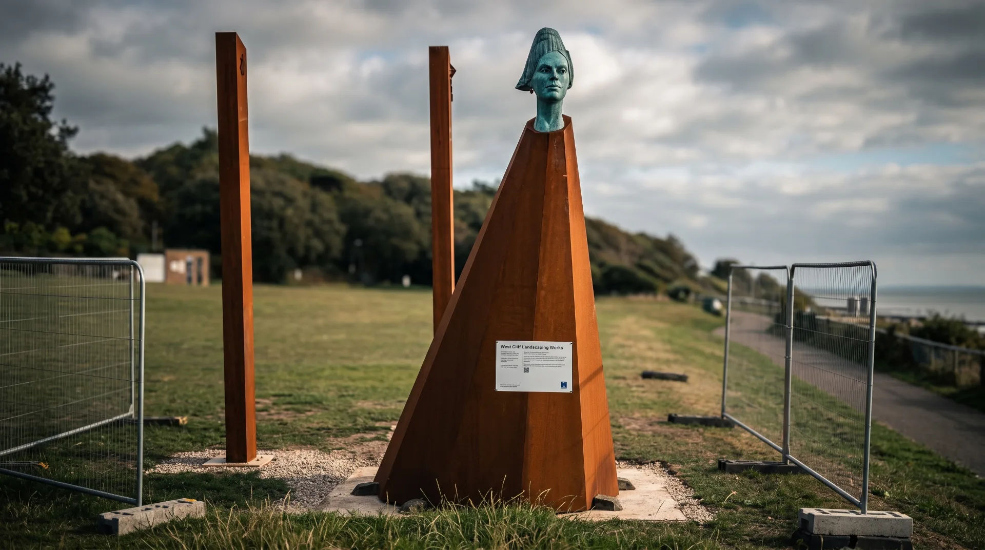 A bronze sculpture of a woman’s head atop a triangular base, surrounded by fencing on a grassy area near the coast.