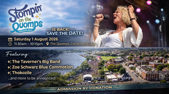 Event poster featuring a singer and details about Stompin' on the Quomps