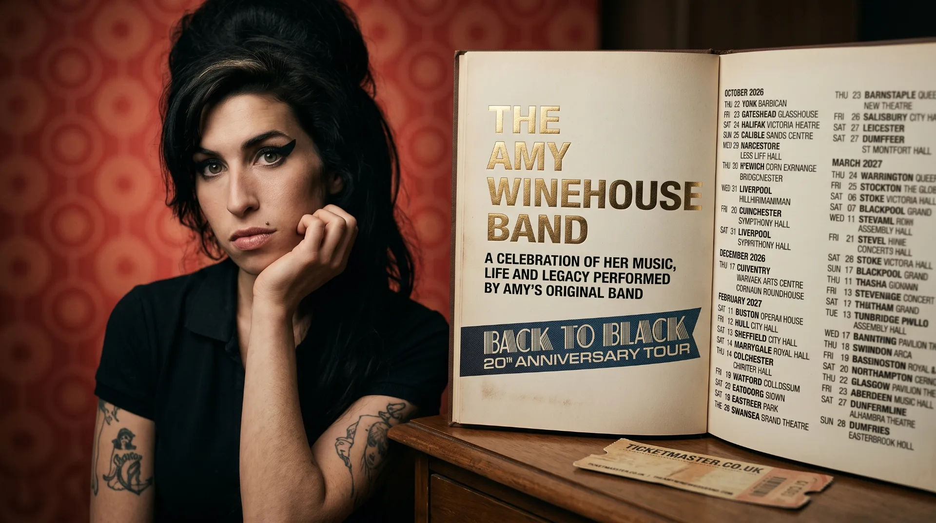 A woman with dark hair and tattoos rests her chin on her hand next to a concert programme for the Amy Winehouse Band.