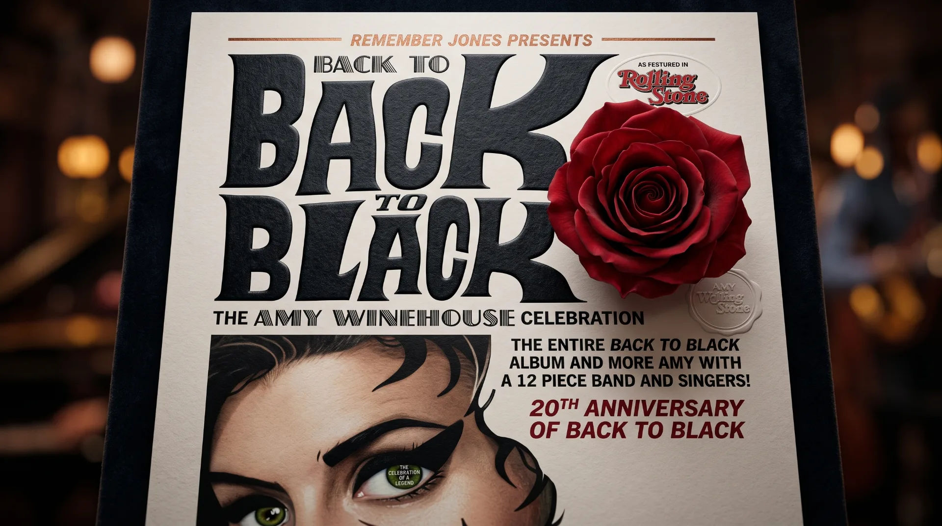 A promotional poster for the Back to Black anniversary tour featuring a red rose and a stylised image of Amy Winehouse