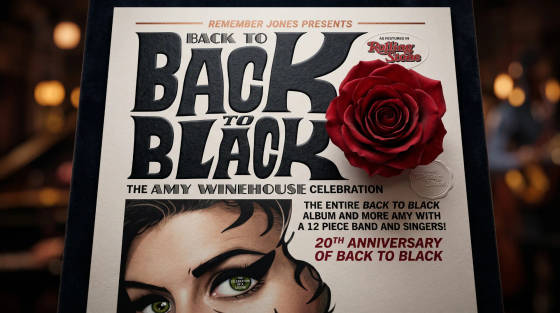 Poster for Back to Black celebration with a red rose