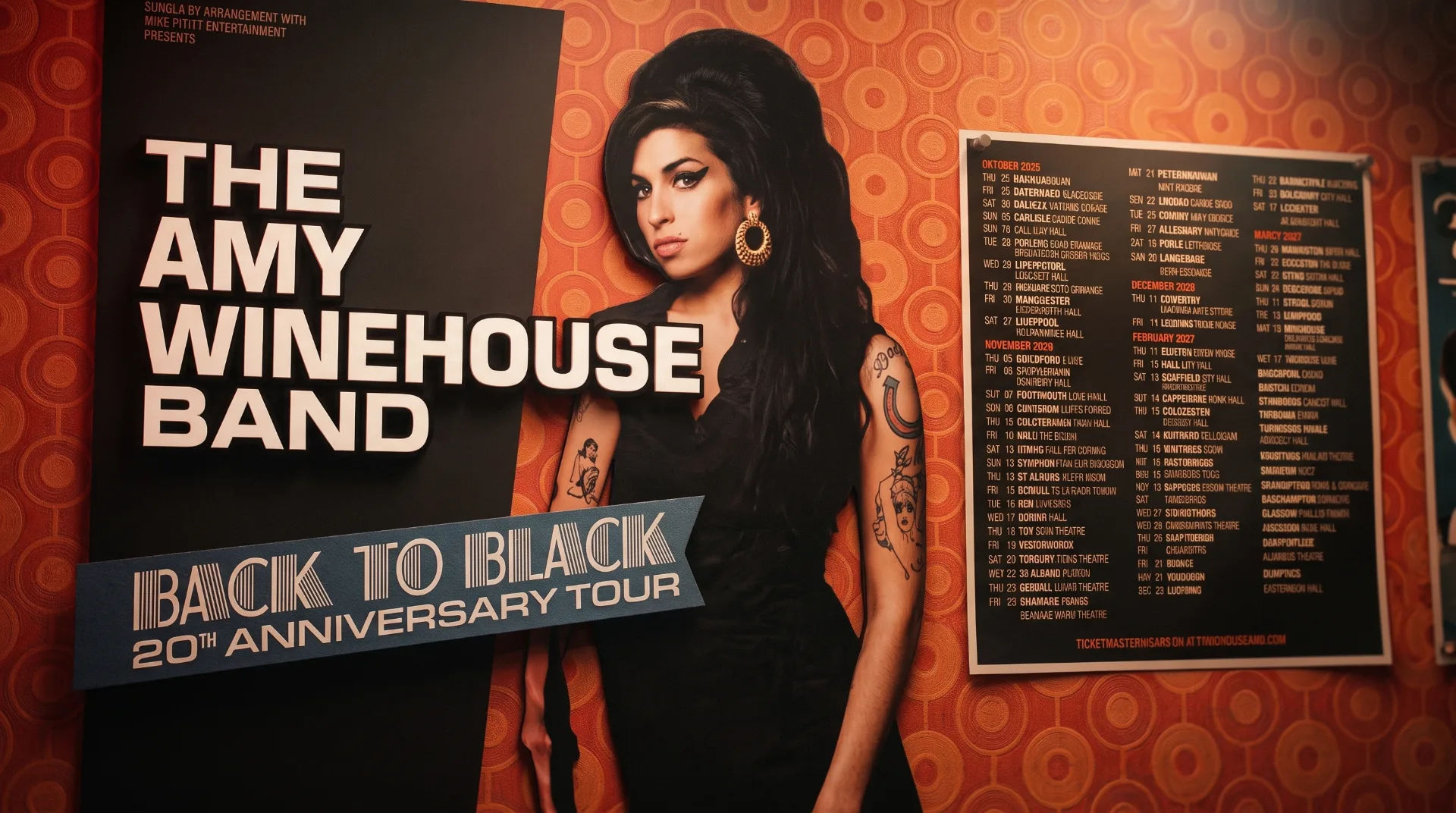 Promotional poster for the Amy Winehouse Band's Back to Black 20th Anniversary Tour featuring a portrait of Amy Winehouse.