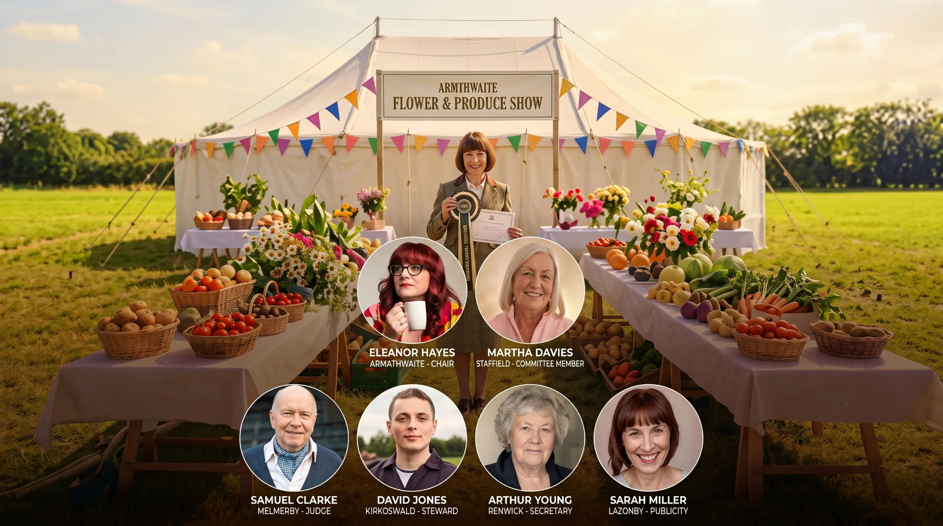 A flower and produce show with tables of vegetables and flowers, a woman holding a prize, and a marquee in the background.